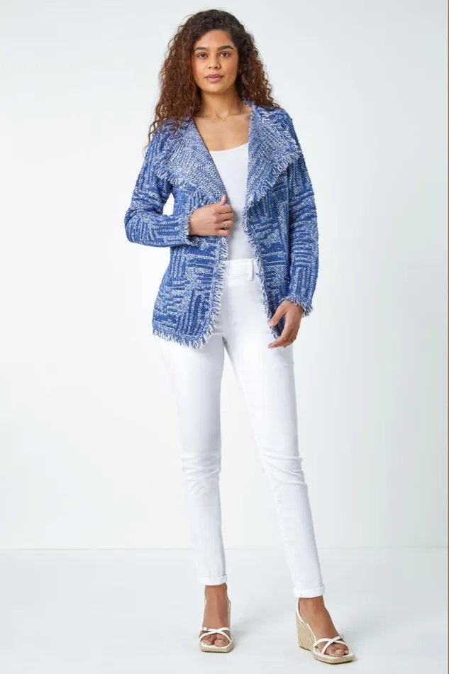 Women Blue Textured Frayed Edge Cardigan Roman Knitwear