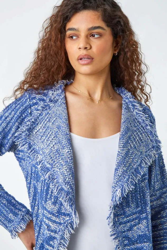 Women Blue Textured Frayed Edge Cardigan Roman Knitwear
