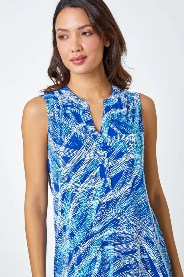 Women Blue Textured Spot Print Sleeveless VNeck Top Roman Tops