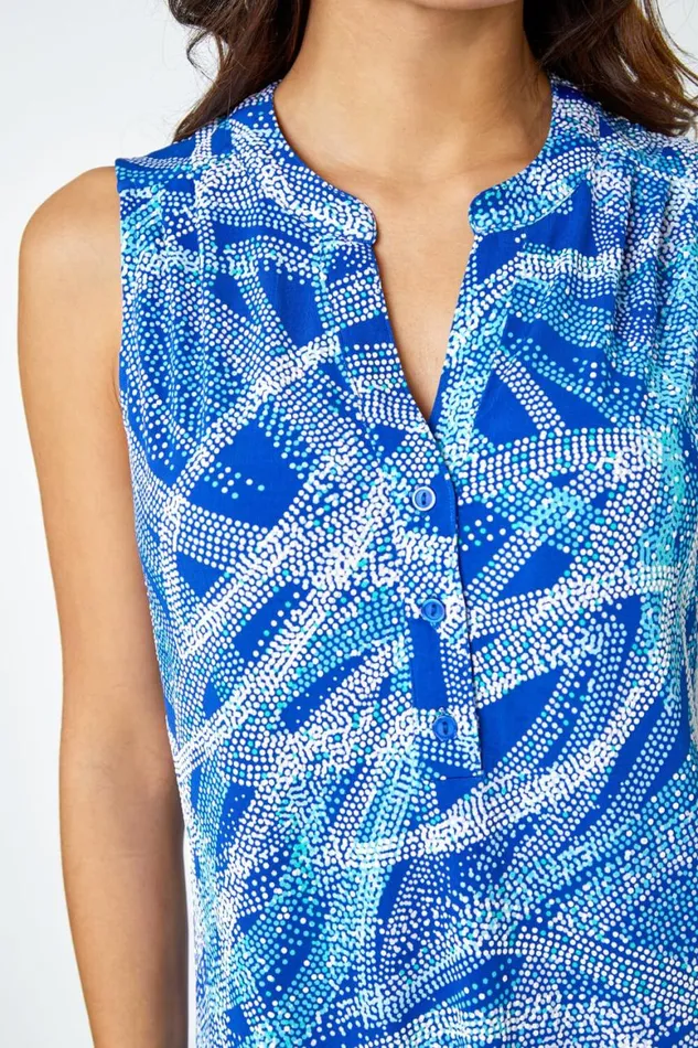 Women Blue Textured Spot Print Sleeveless VNeck Top Roman Tops