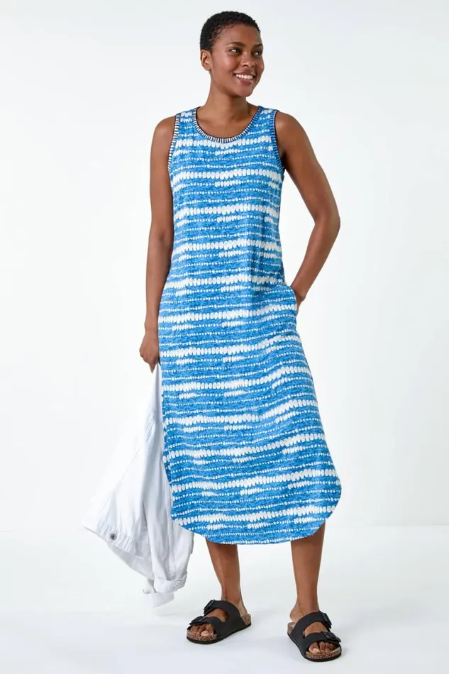 Women Blue Tie Dye Contrast Stitch Stretch Midi Dress Roman Dresses