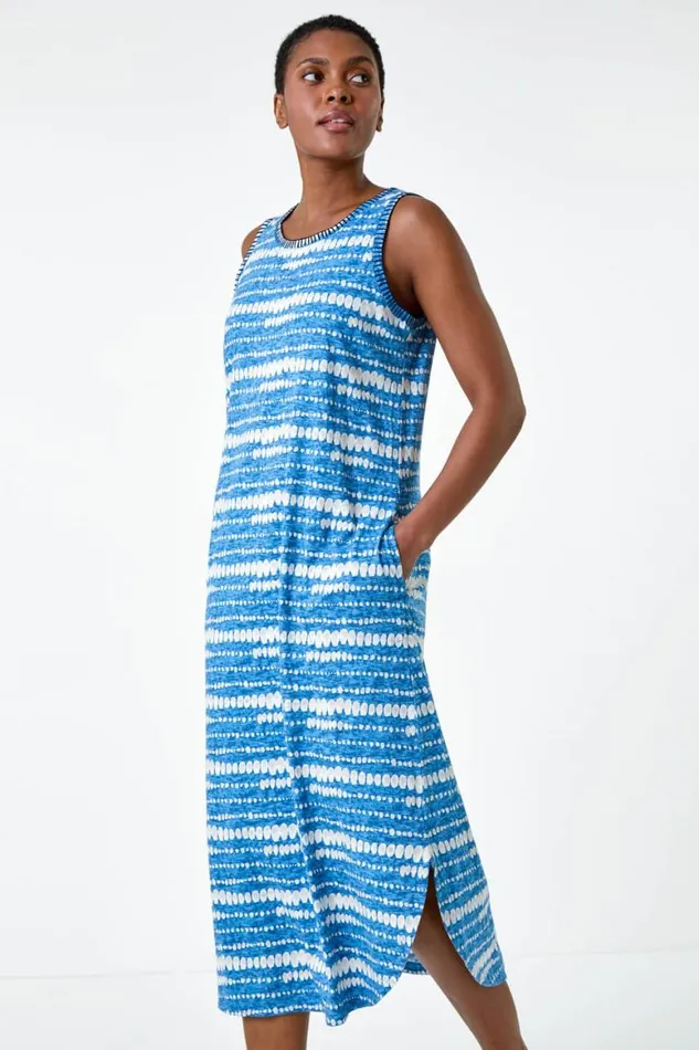 Women Blue Tie Dye Contrast Stitch Stretch Midi Dress Roman Dresses