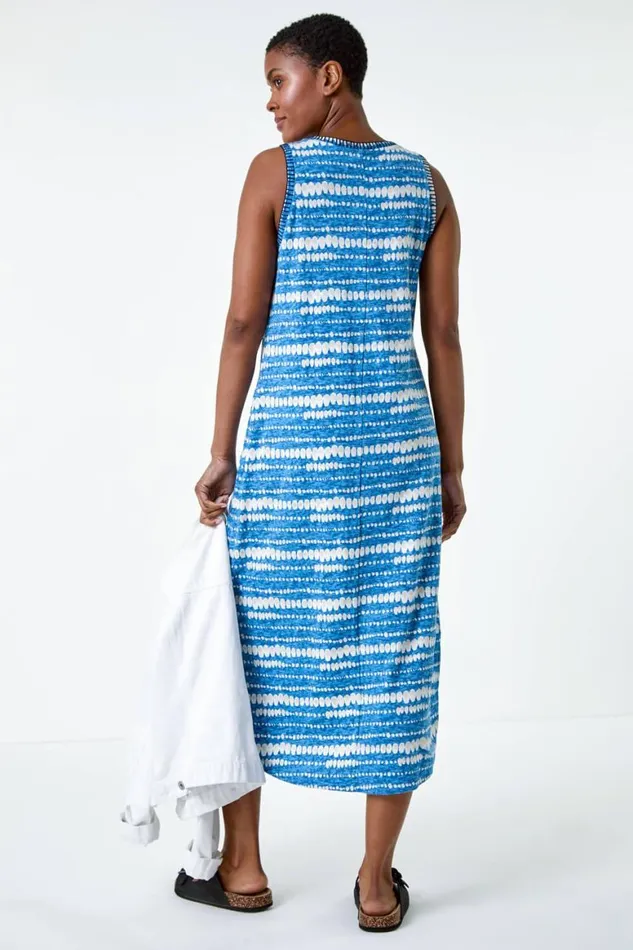 Women Blue Tie Dye Contrast Stitch Stretch Midi Dress Roman Dresses