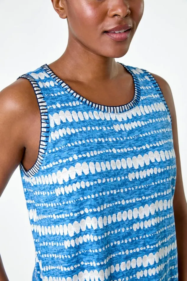 Women Blue Tie Dye Contrast Stitch Stretch Midi Dress Roman Dresses