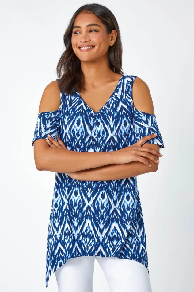 Women Blue Tie Dye Jersey VNeck Cold Shoulder Top Roman Tops