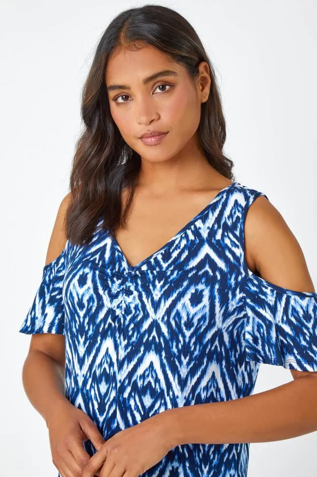 Women Blue Tie Dye Jersey VNeck Cold Shoulder Top Roman Tops