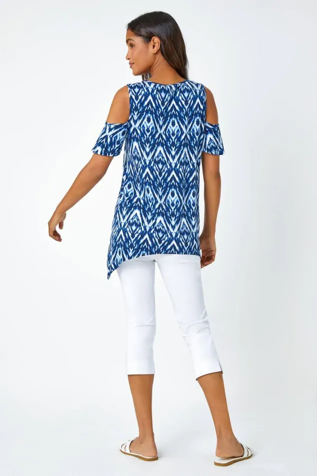 Women Blue Tie Dye Jersey VNeck Cold Shoulder Top Roman Tops