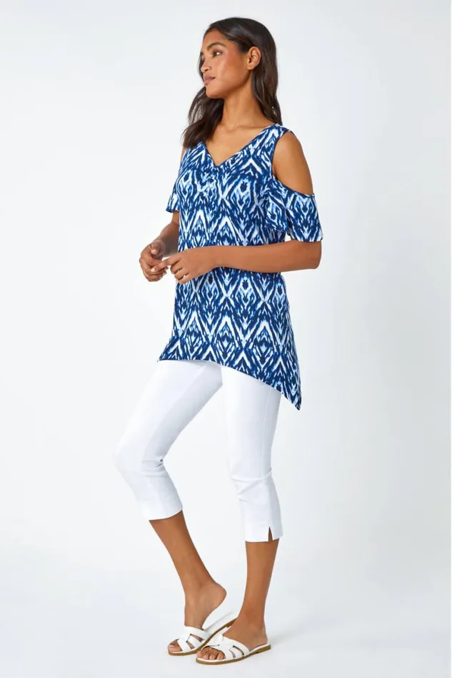 Women Blue Tie Dye Jersey VNeck Cold Shoulder Top Roman Tops
