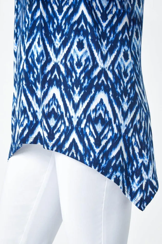 Women Blue Tie Dye Jersey VNeck Cold Shoulder Top Roman Tops