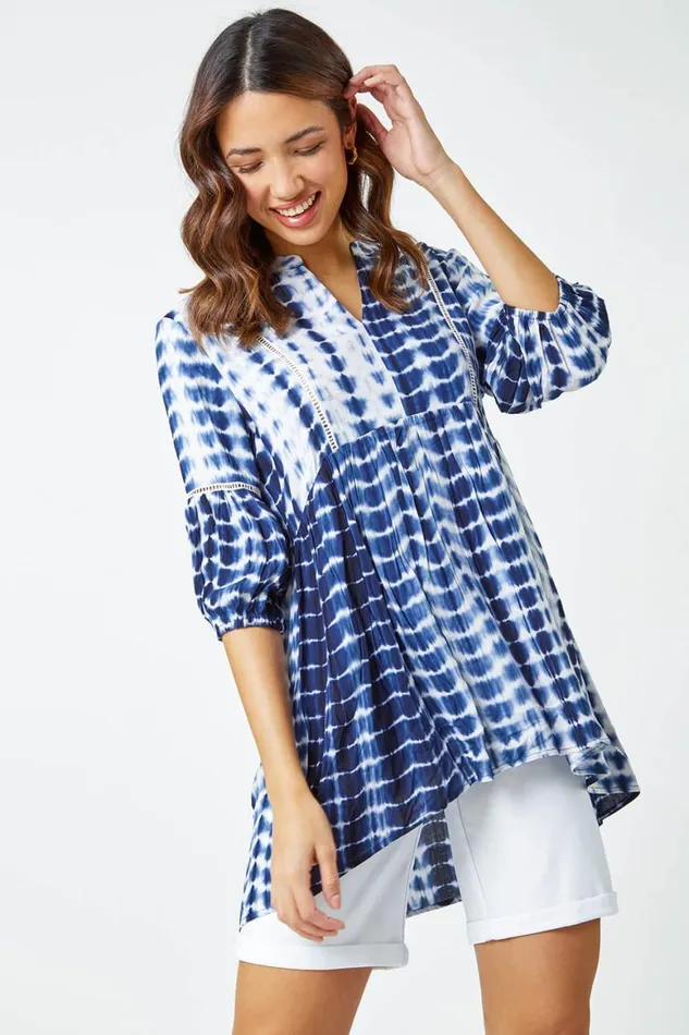 Women Blue Tie Dye Print Smock Tunic Top Roman Tops