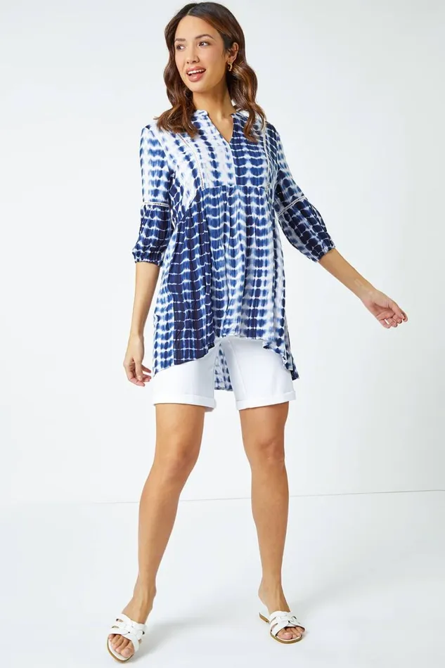 Women Blue Tie Dye Print Smock Tunic Top Roman Tops