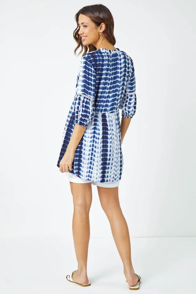 Women Blue Tie Dye Print Smock Tunic Top Roman Tops