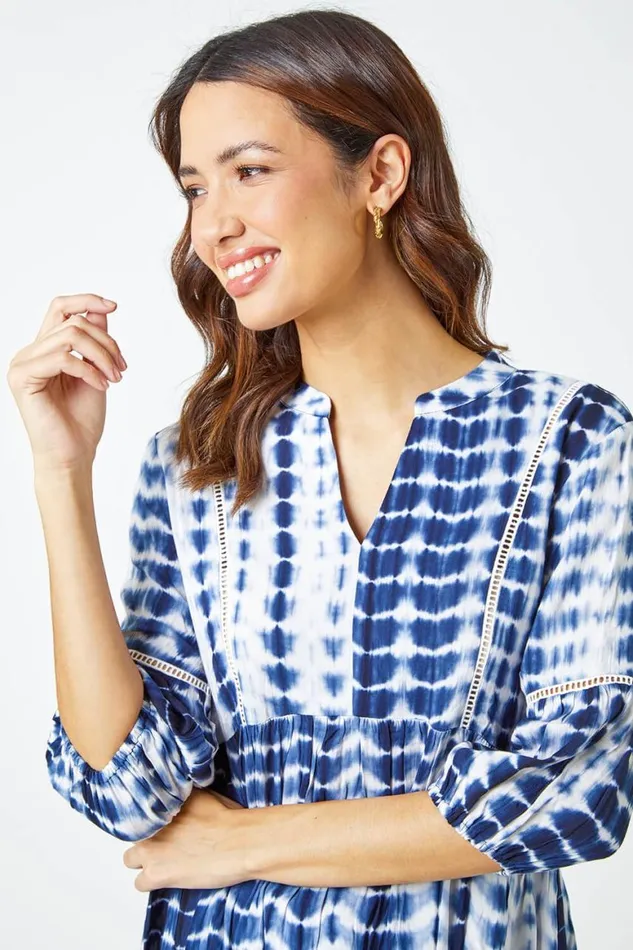 Women Blue Tie Dye Print Smock Tunic Top Roman Tops