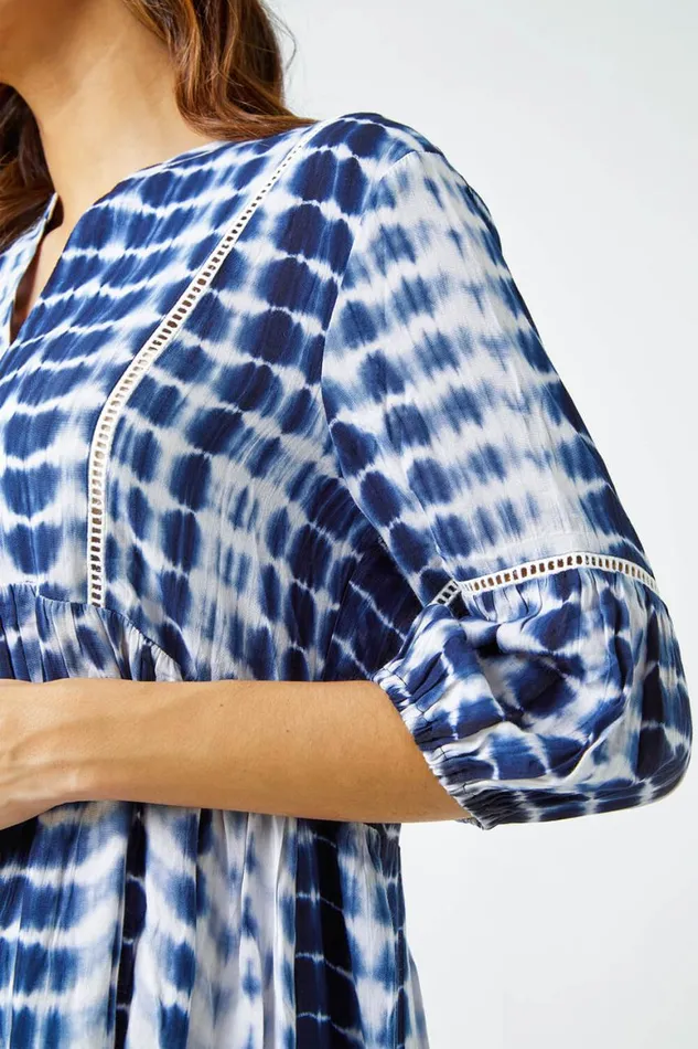 Women Blue Tie Dye Print Smock Tunic Top Roman Tops