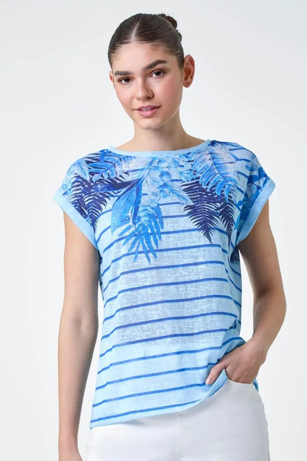 Women Blue Tropical Leaf Stripe Stretch TShirt Roman Tops