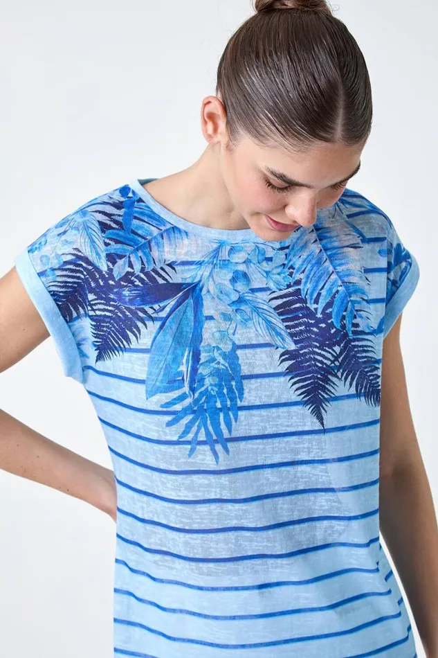 Women Blue Tropical Leaf Stripe Stretch TShirt Roman Tops