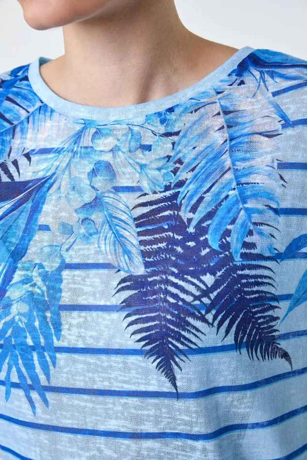Women Blue Tropical Leaf Stripe Stretch TShirt Roman Tops