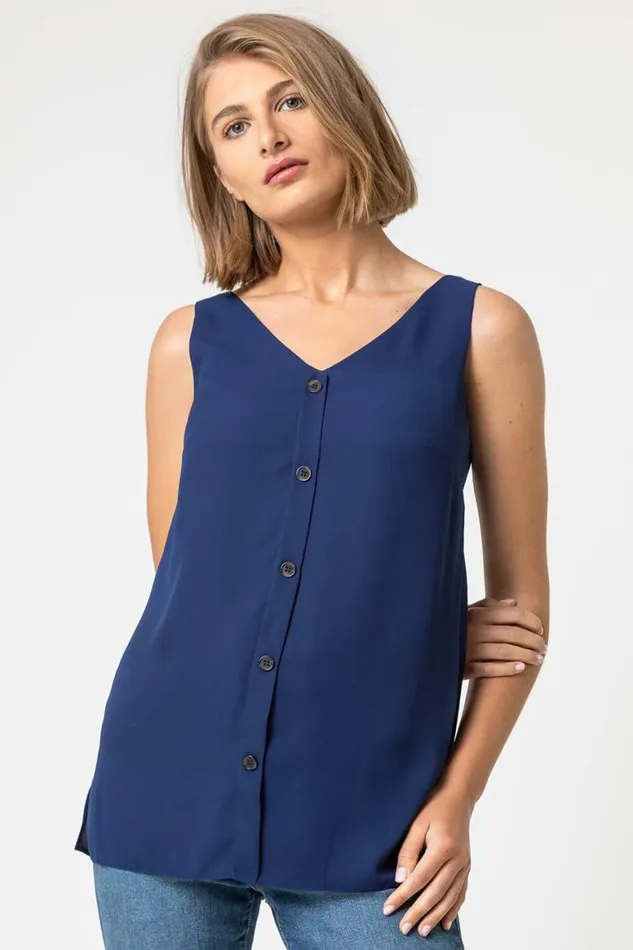 Women Blue VNeck Button Front Sleeveless Top Roman Tops