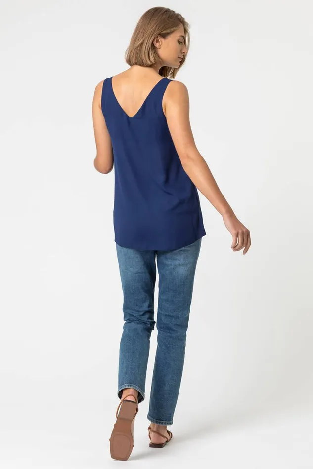 Women Blue VNeck Button Front Sleeveless Top Roman Tops