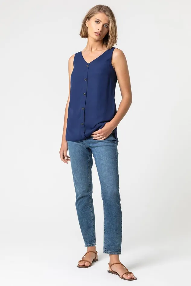 Women Blue VNeck Button Front Sleeveless Top Roman Tops