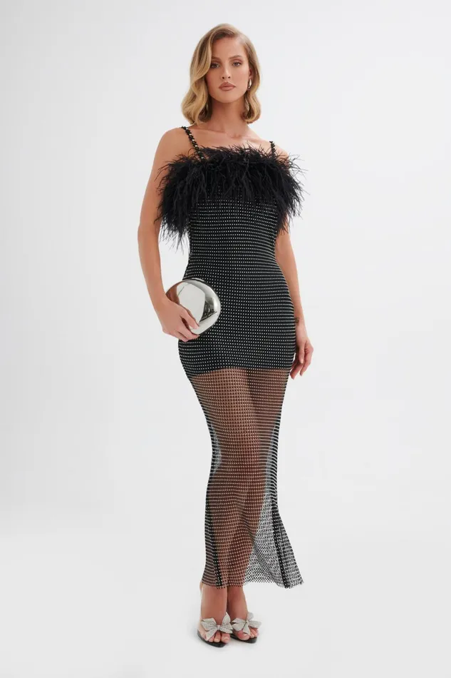 Women Bodycon Dresses Lavish Alice NOVA Rhinestone Embellished Feather Maxi Dress In Black Black
