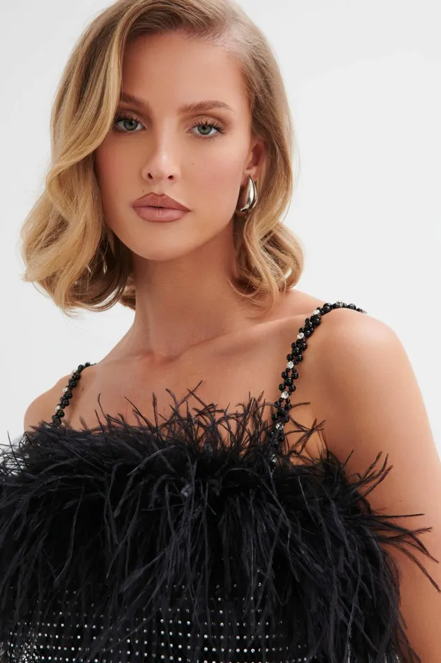 Women Bodycon Dresses Lavish Alice NOVA Rhinestone Embellished Feather Maxi Dress In Black Black