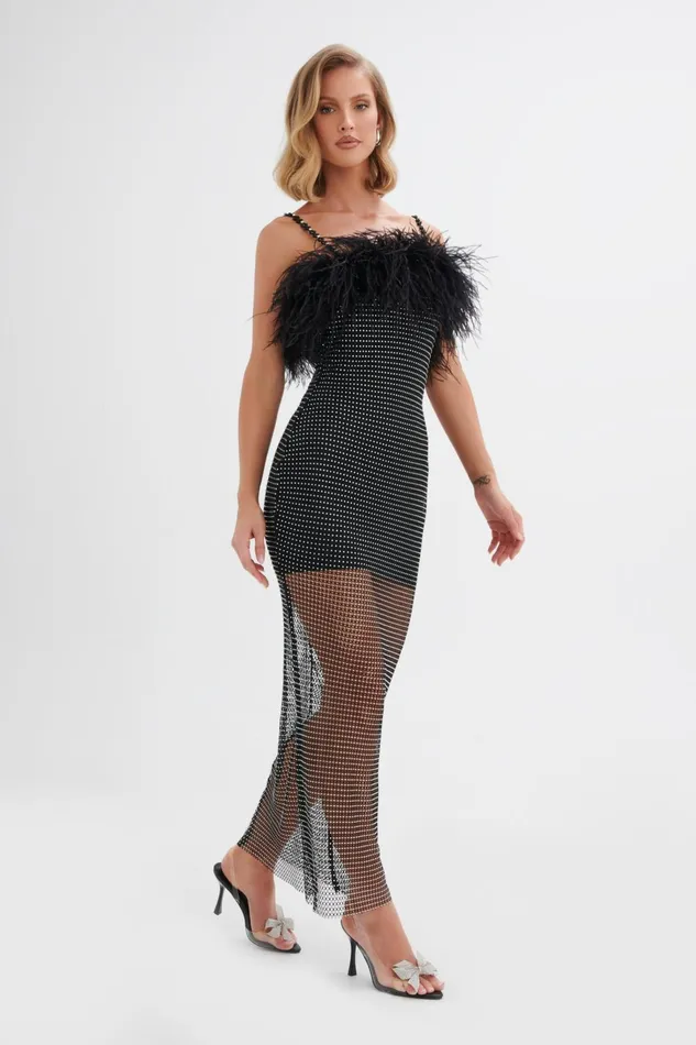 Women Bodycon Dresses Lavish Alice NOVA Rhinestone Embellished Feather Maxi Dress In Black Black