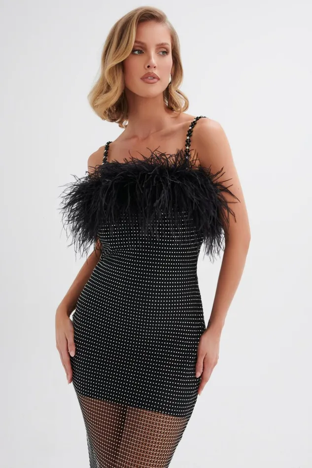 Women Bodycon Dresses Lavish Alice NOVA Rhinestone Embellished Feather Maxi Dress In Black Black