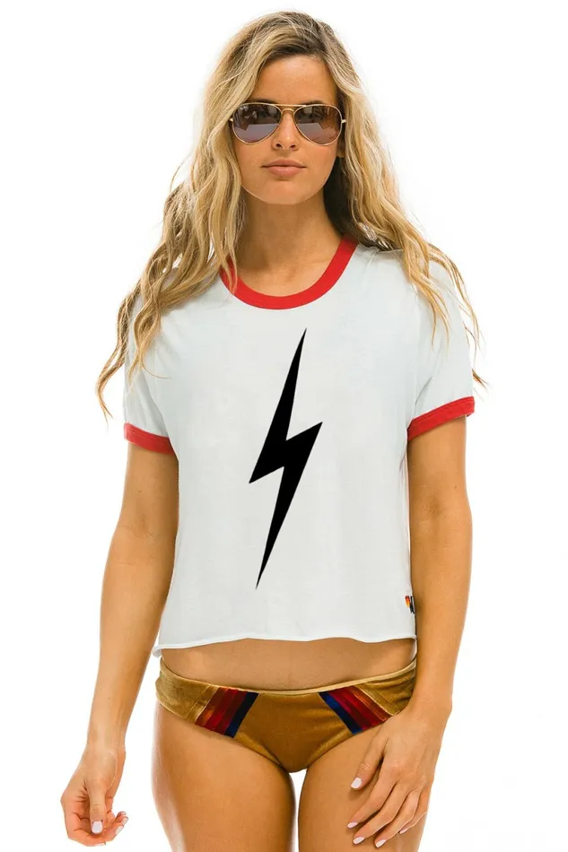 Women BOLT BOYFRIEND RINGER TEE 8211 WHITEE RED Aviator Nation UnisexTees