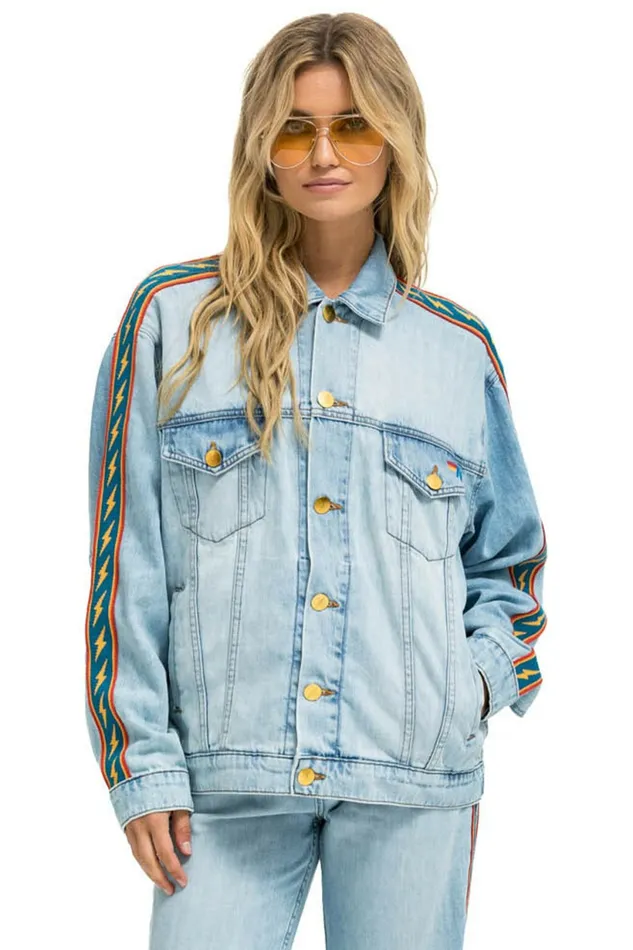 Women BOLT STRIPE OVERSIZED CUTOFF DENIM JACKET 8211 SUPER LIGHT Aviator Nation