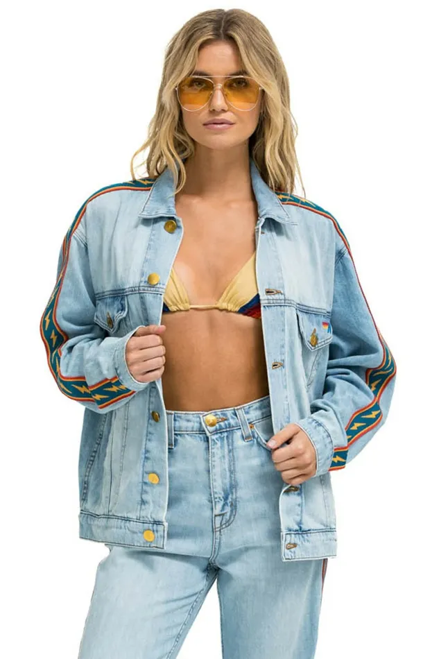 Women BOLT STRIPE OVERSIZED CUTOFF DENIM JACKET 8211 SUPER LIGHT Aviator Nation Women BOLT STRIPE OVERSIZED CUTOFF DENIM JACKET 8211 SUPER LIGHT Aviator Nation