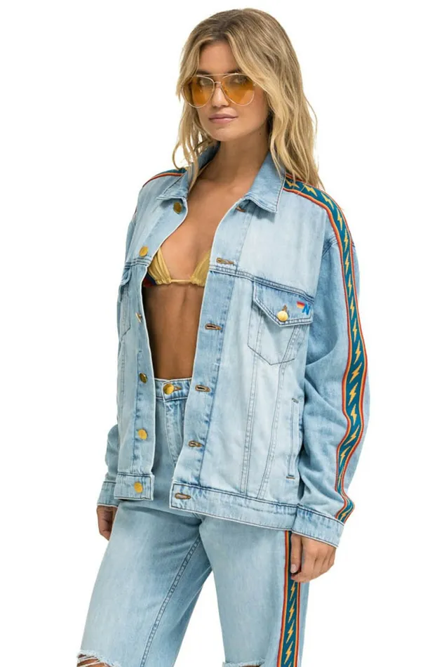 Women BOLT STRIPE OVERSIZED CUTOFF DENIM JACKET 8211 SUPER LIGHT Aviator Nation Women BOLT STRIPE OVERSIZED CUTOFF DENIM JACKET 8211 SUPER LIGHT Aviator Nation