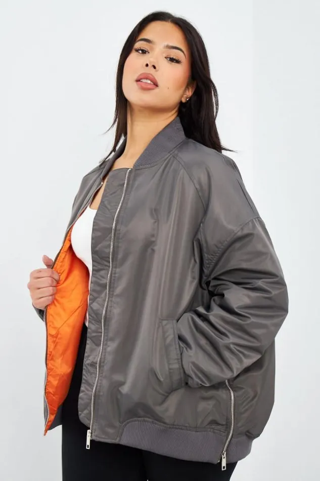 Women Bomber Gris Grey Brentiny Paris White Tops