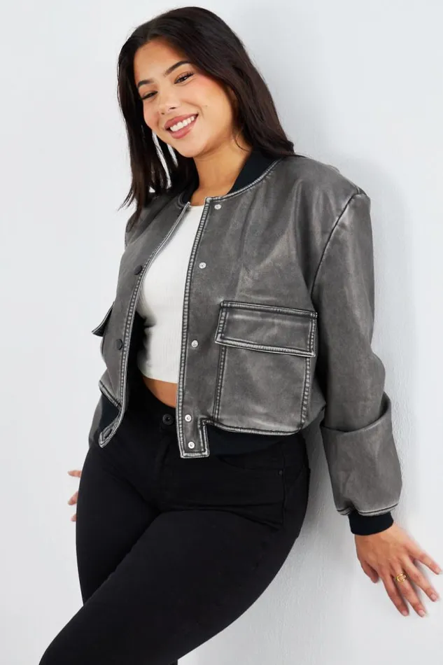 Women Bomber Noir En Simili Cuir Black Brentiny Paris Jackets