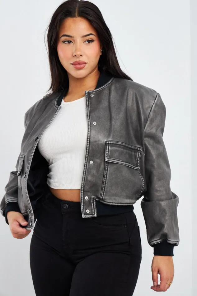 Women Bomber Noir En Simili Cuir Black Brentiny Paris Jackets