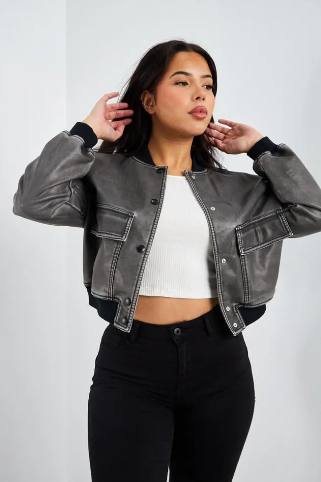 Women Bomber Noir En Simili Cuir Black Brentiny Paris Jackets