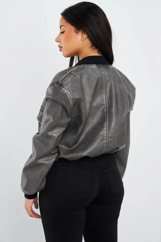 Women Bomber Noir En Simili Cuir Black Brentiny Paris Jackets