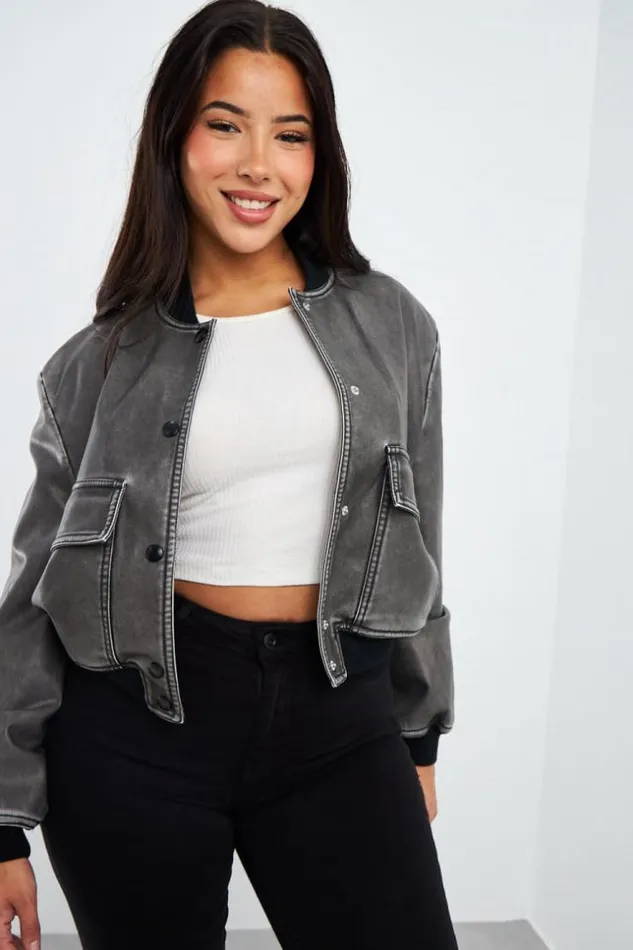 Women Bomber Noir En Simili Cuir Black Brentiny Paris Jackets