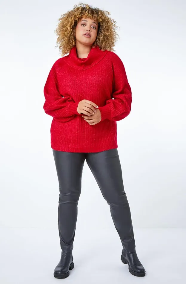 Women Bordeaux Curve Longline Turtle Neck Jumper Roman Knitwear