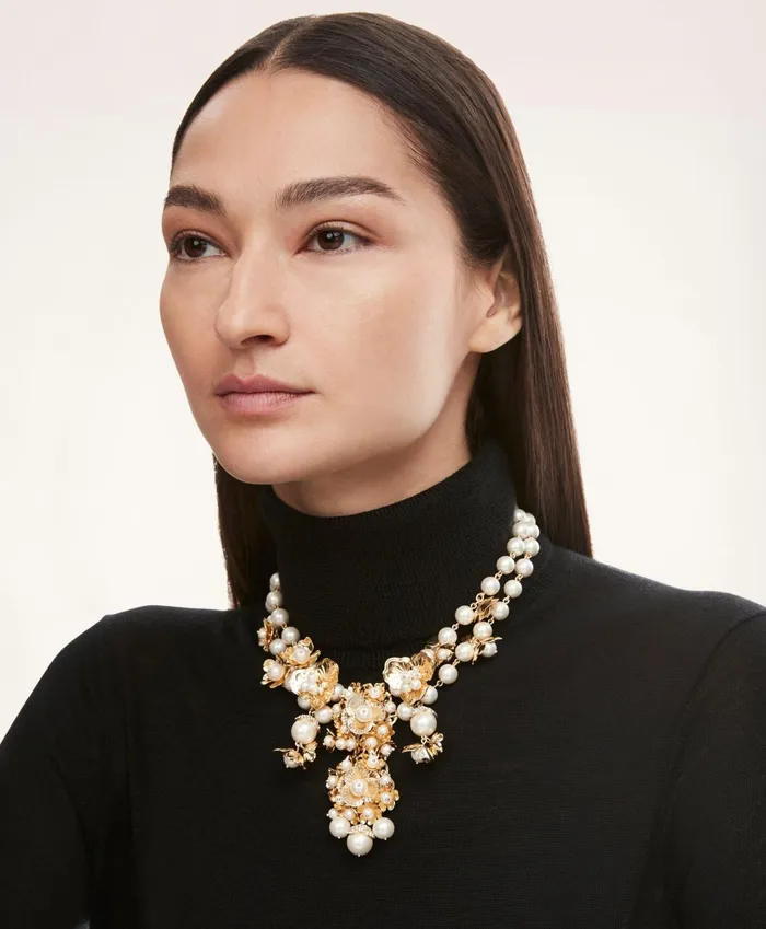 Women Botanical Motif Statement Necklace White Brooks Brothers Jewelry