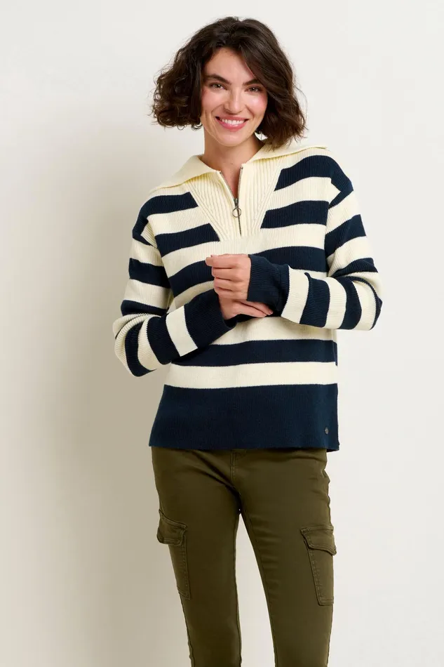 Women Brakeburn Knitwear Cream and Navy Stripe Collar Zip Knit