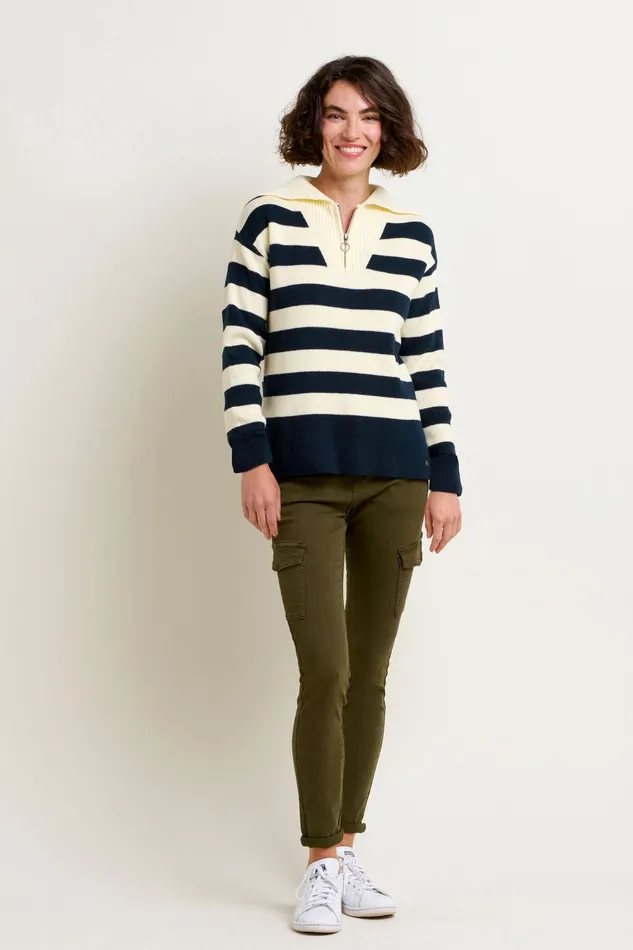 Women Brakeburn Knitwear Cream and Navy Stripe Collar Zip Knit