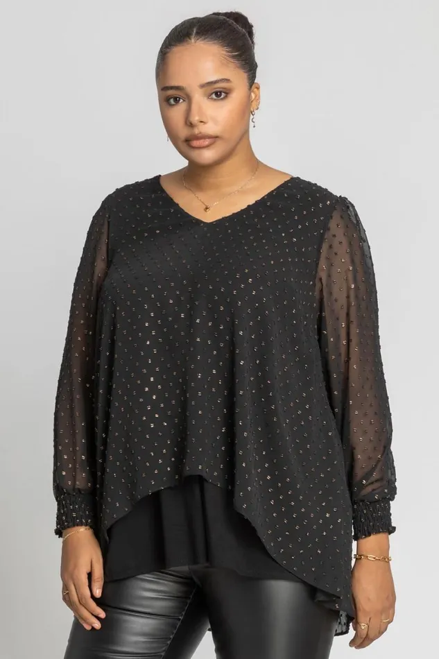 Women Bronze Curve Shimmer Dobby Spot Chiffon Top Roman Tops