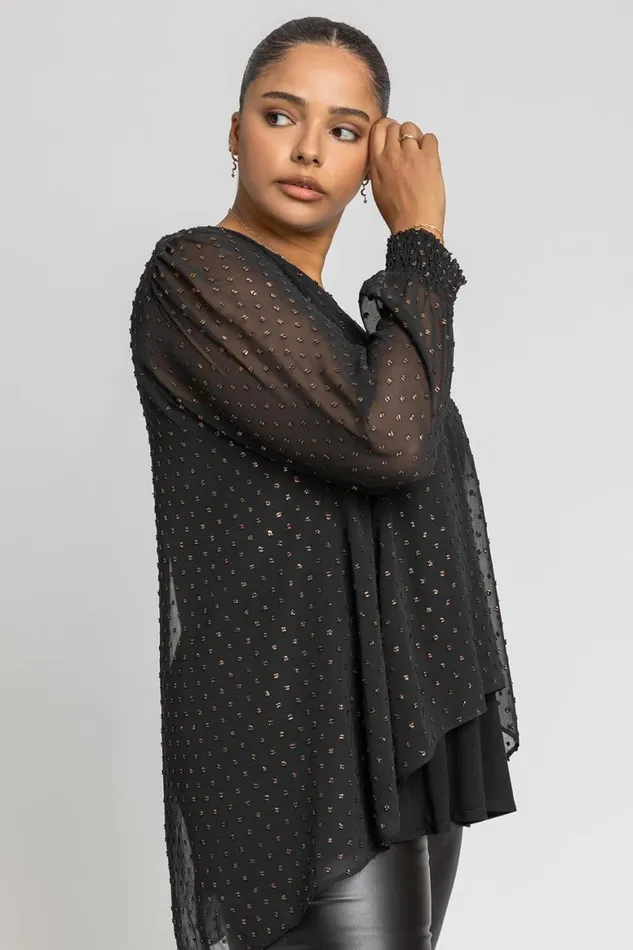 Women Bronze Curve Shimmer Dobby Spot Chiffon Top Roman Tops