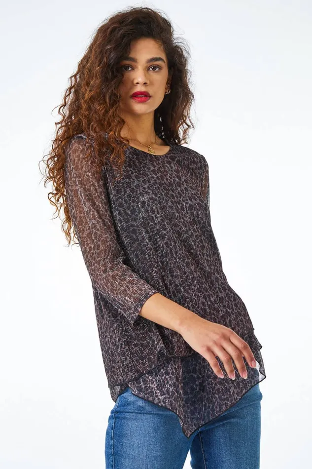 Women Bronze Metallic Animal Print Asymmetric Top Roman Tops