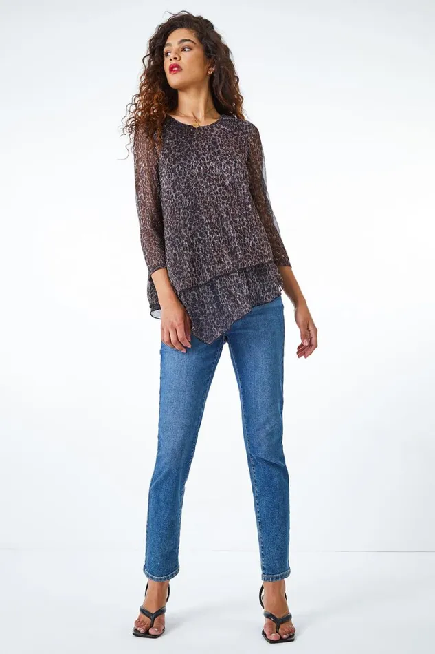 Women Bronze Metallic Animal Print Asymmetric Top Roman Tops