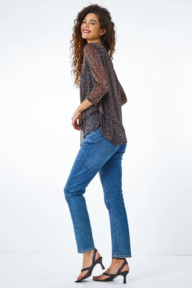 Women Bronze Metallic Animal Print Asymmetric Top Roman Tops