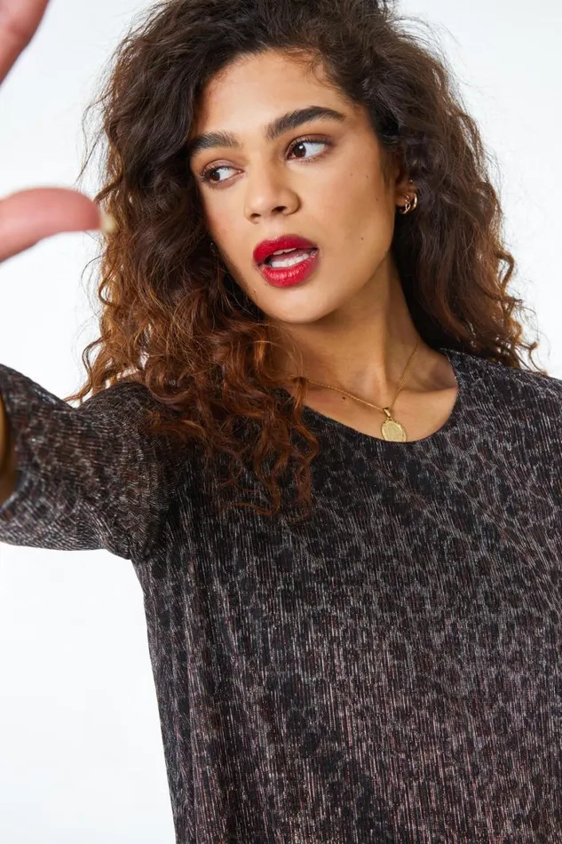 Women Bronze Metallic Animal Print Asymmetric Top Roman Tops