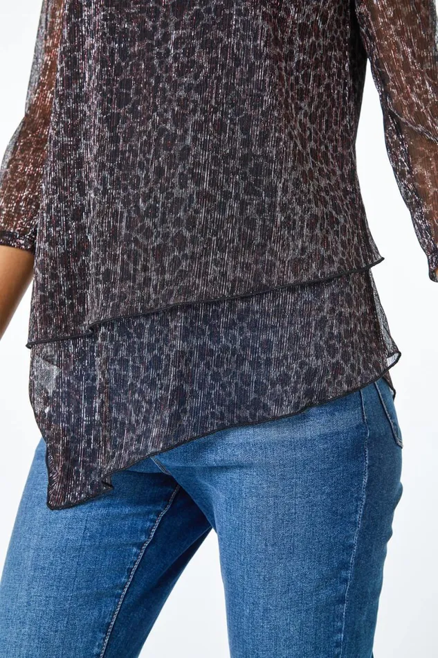 Women Bronze Metallic Animal Print Asymmetric Top Roman Tops