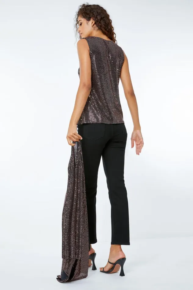 Women Bronze Sequin Sparkle Stretch Vest Top Roman Tops